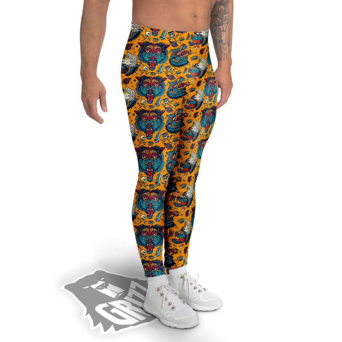 Wolf Head Yellow Tattoo Print Pattern Men's Leggings-grizzshop