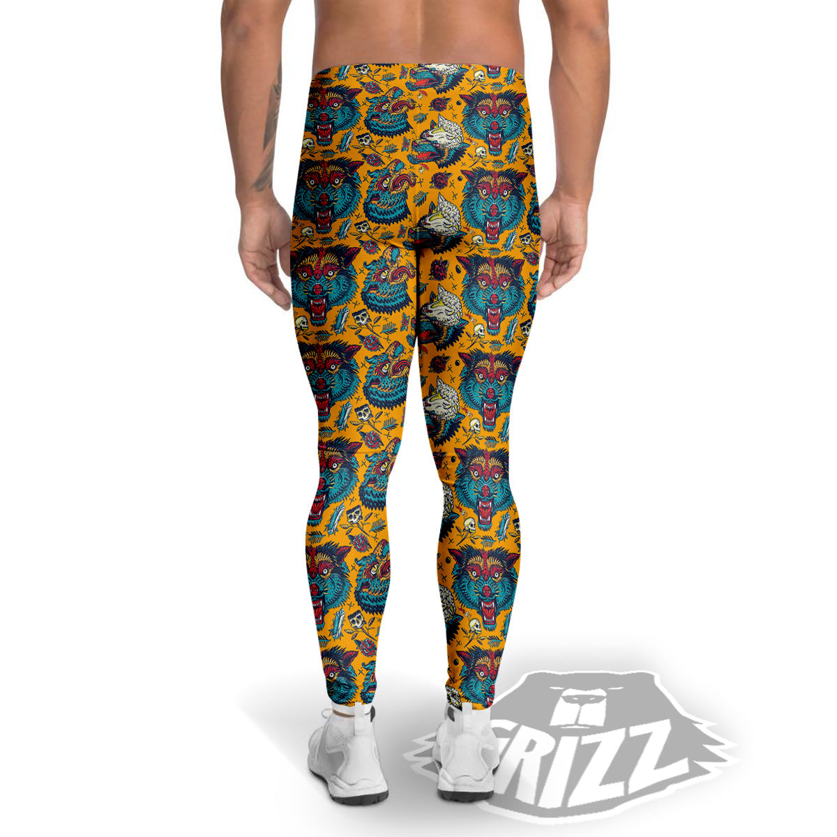 Wolf Head Yellow Tattoo Print Pattern Men's Leggings-grizzshop