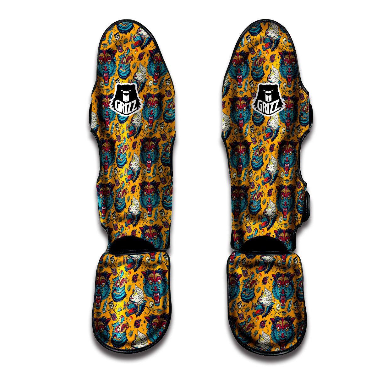 Wolf Head Yellow Tattoo Print Pattern Muay Thai Shin Guards-grizzshop