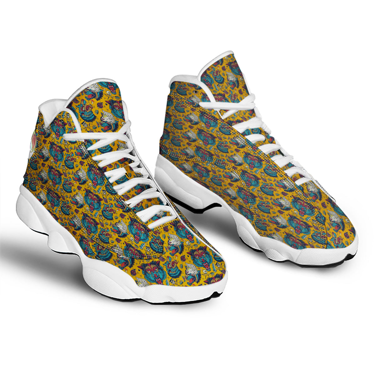 Wolf Head Yellow Tattoo Print Pattern White Basketball Shoes-grizzshop