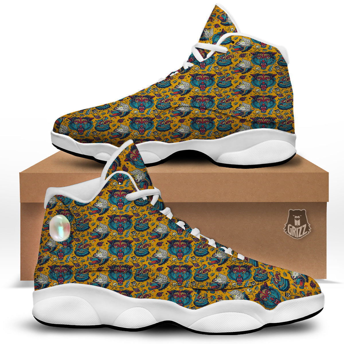 Wolf Head Yellow Tattoo Print Pattern White Basketball Shoes-grizzshop