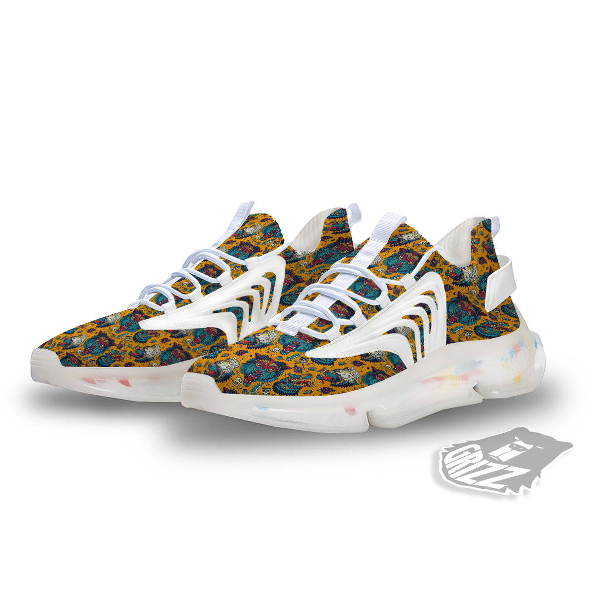 Wolf Head Yellow Tattoo Print Pattern White Gym Shoes-grizzshop