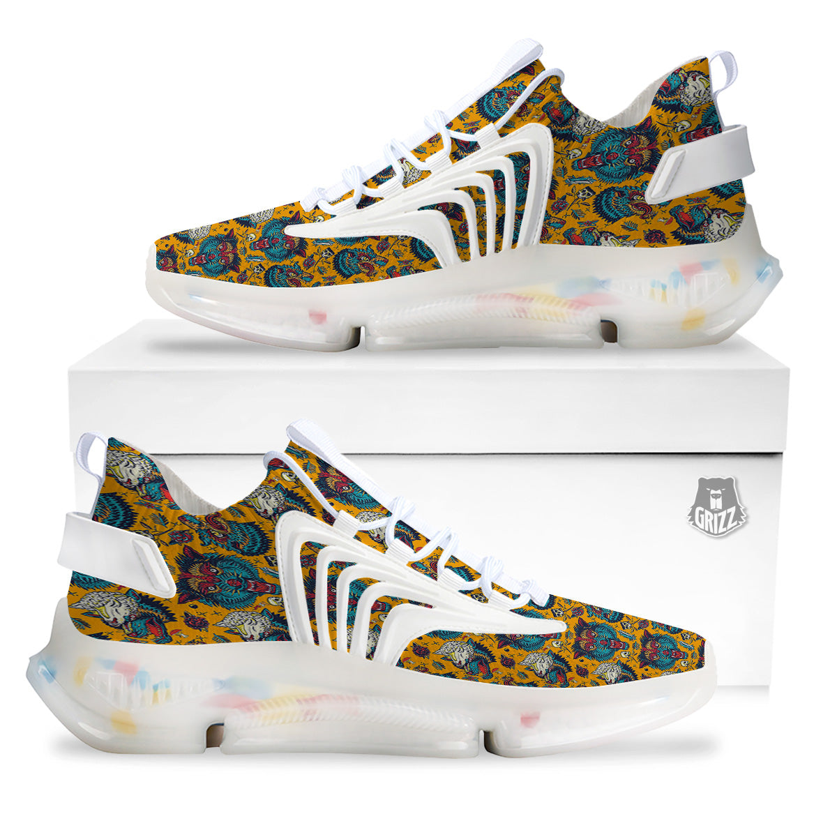 Wolf Head Yellow Tattoo Print Pattern White Gym Shoes-grizzshop