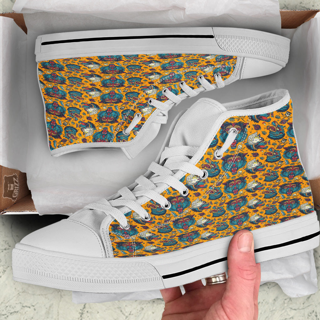 Wolf Head Yellow Tattoo Print Pattern White High Top Shoes-grizzshop