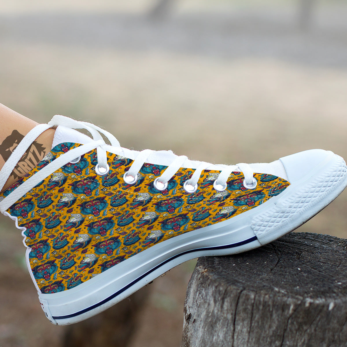Wolf Head Yellow Tattoo Print Pattern White High Top Shoes-grizzshop
