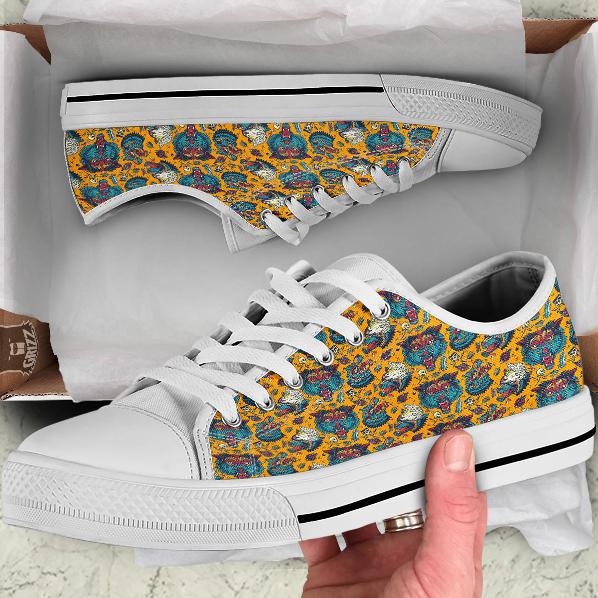 Wolf Head Yellow Tattoo Print Pattern White Low Top Shoes-grizzshop