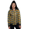 Wolf Head Yellow Tattoo Print Pattern Women's Bomber Jacket-grizzshop