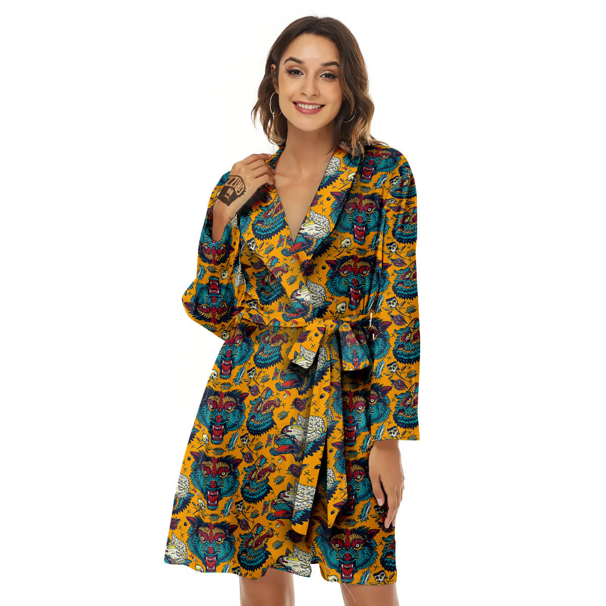 Wolf Head Yellow Tattoo Print Pattern Women's Robe-grizzshop