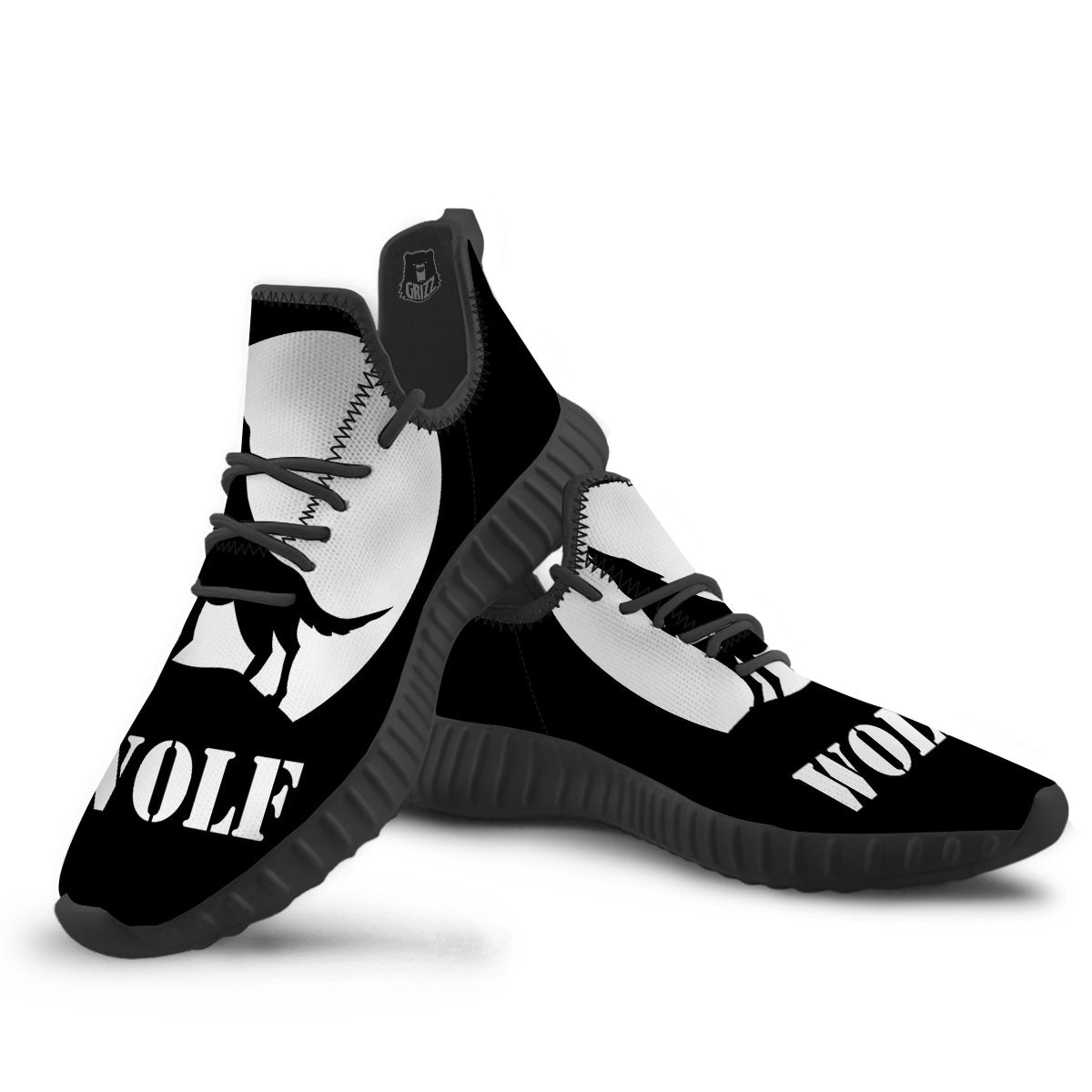 Wolf Howling Monochrome Print Black Walking Shoes-grizzshop