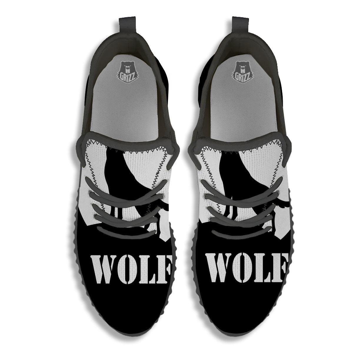 Wolf Howling Monochrome Print Black Walking Shoes-grizzshop
