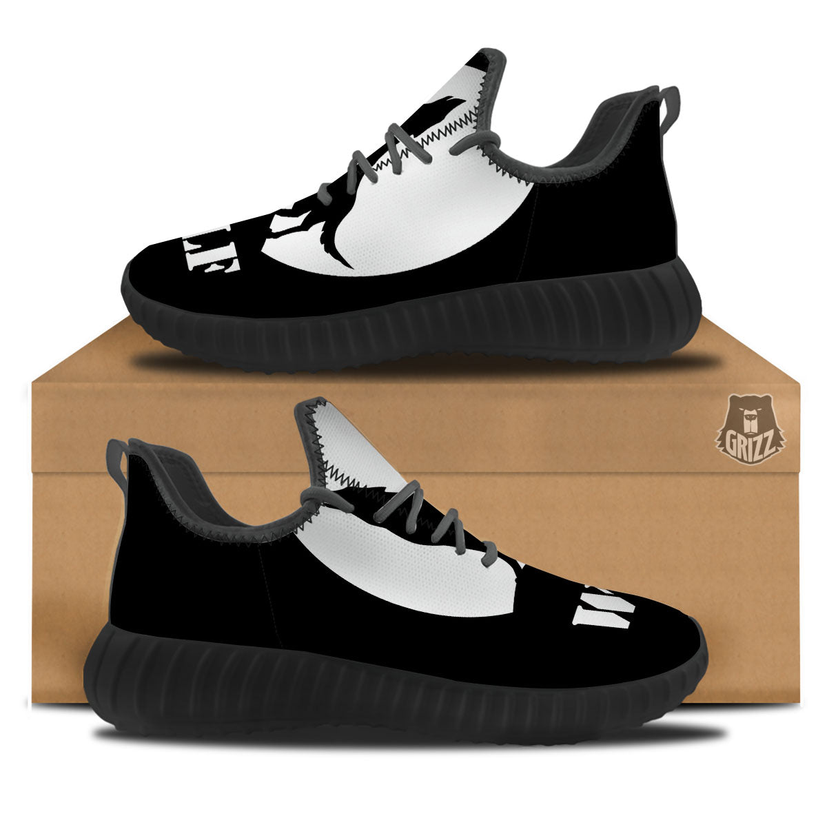 Wolf Howling Monochrome Print Black Walking Shoes-grizzshop