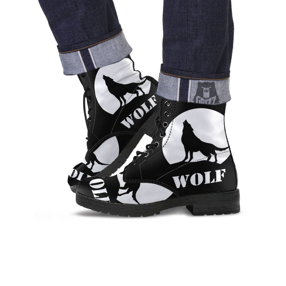 Wolf Howling Monochrome Print Leather Boots-grizzshop