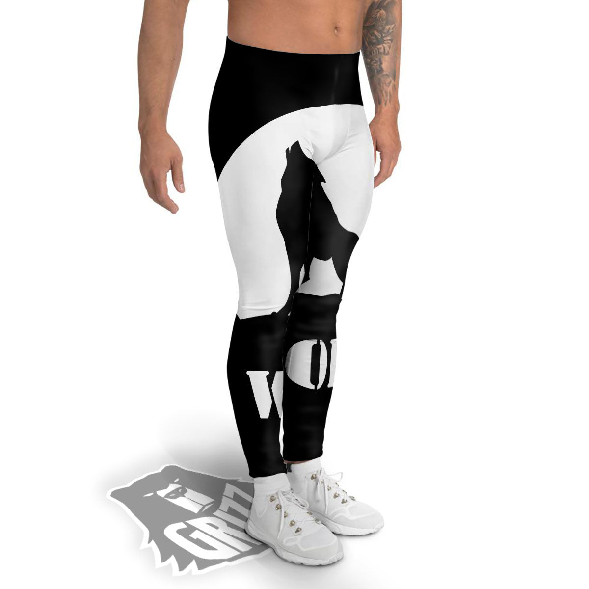 Wolf Howling Monochrome Print Men's Leggings-grizzshop