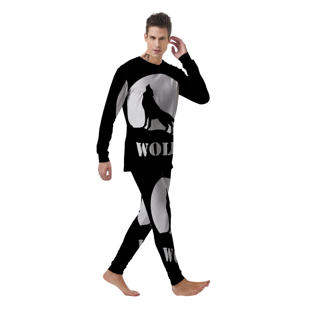 Wolf Howling Monochrome Print Men's Pajamas-grizzshop