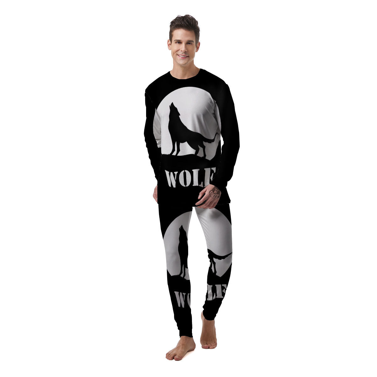 Wolf Howling Monochrome Print Men's Pajamas-grizzshop