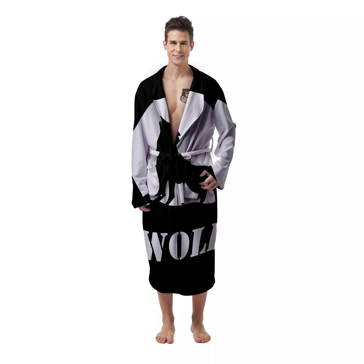 Wolf Howling Monochrome Print Men's Robe-grizzshop