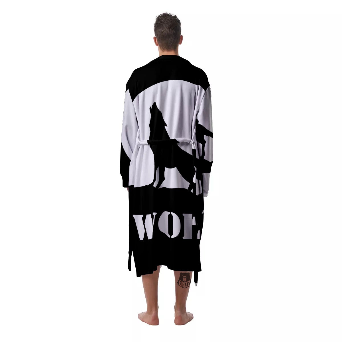 Wolf Howling Monochrome Print Men's Robe-grizzshop