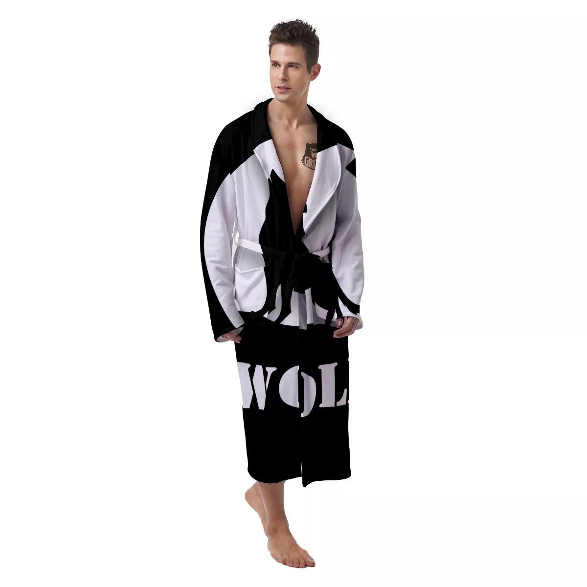 Wolf Howling Monochrome Print Men's Robe-grizzshop