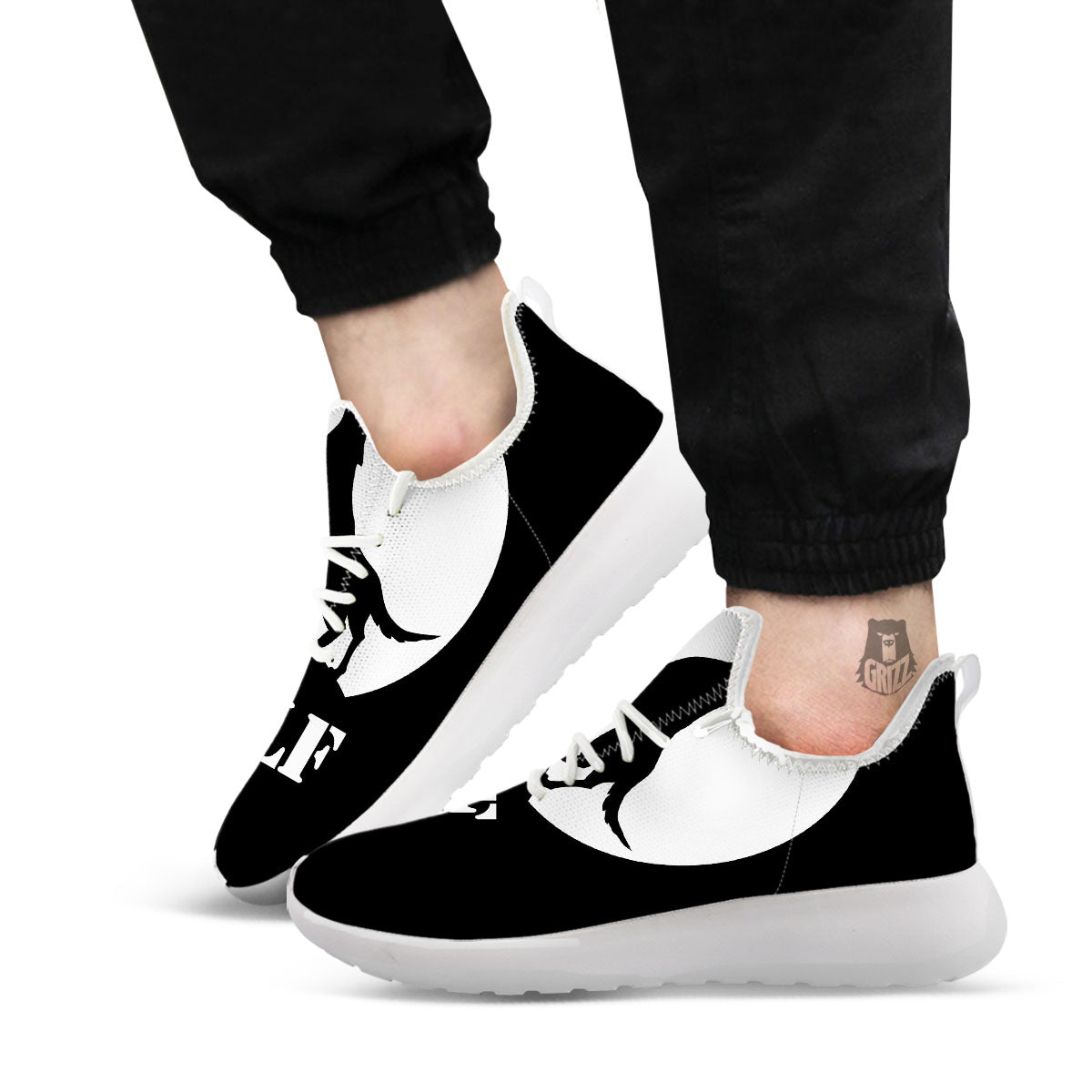 Wolf Howling Monochrome Print White Athletic Shoes-grizzshop