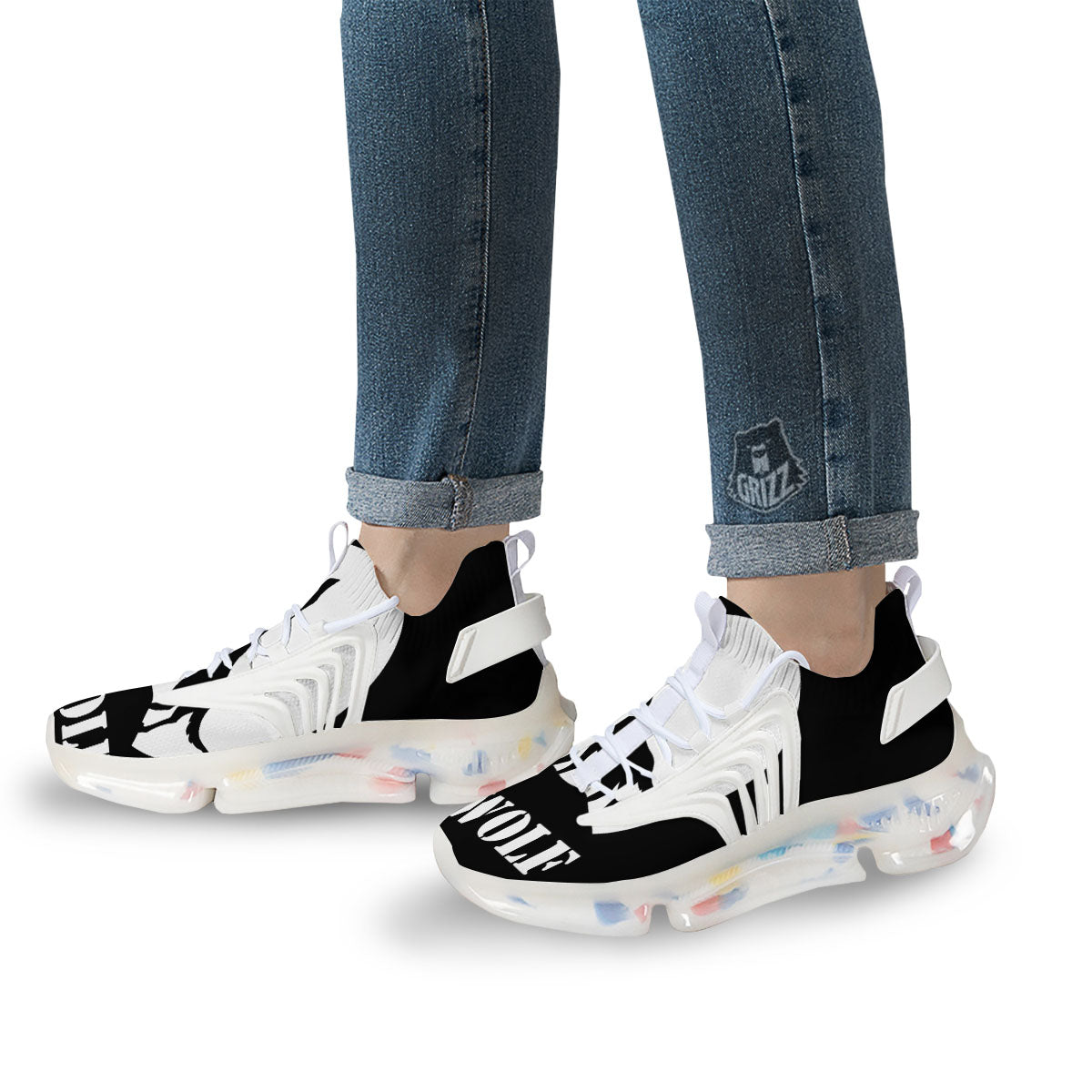 Wolf Howling Monochrome Print White Gym Shoes-grizzshop