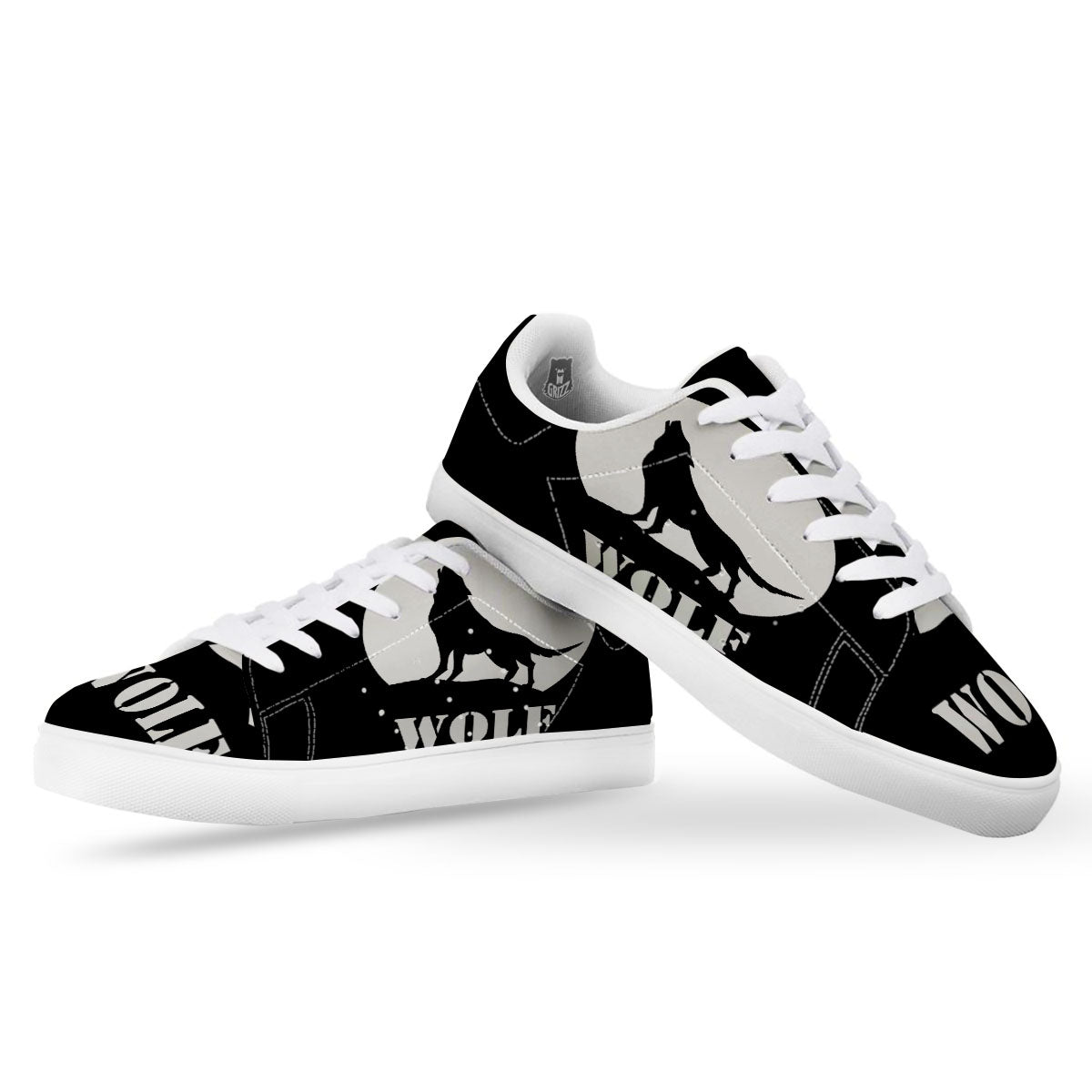 Wolf Howling Monochrome Print White Low Top Sneakers-grizzshop