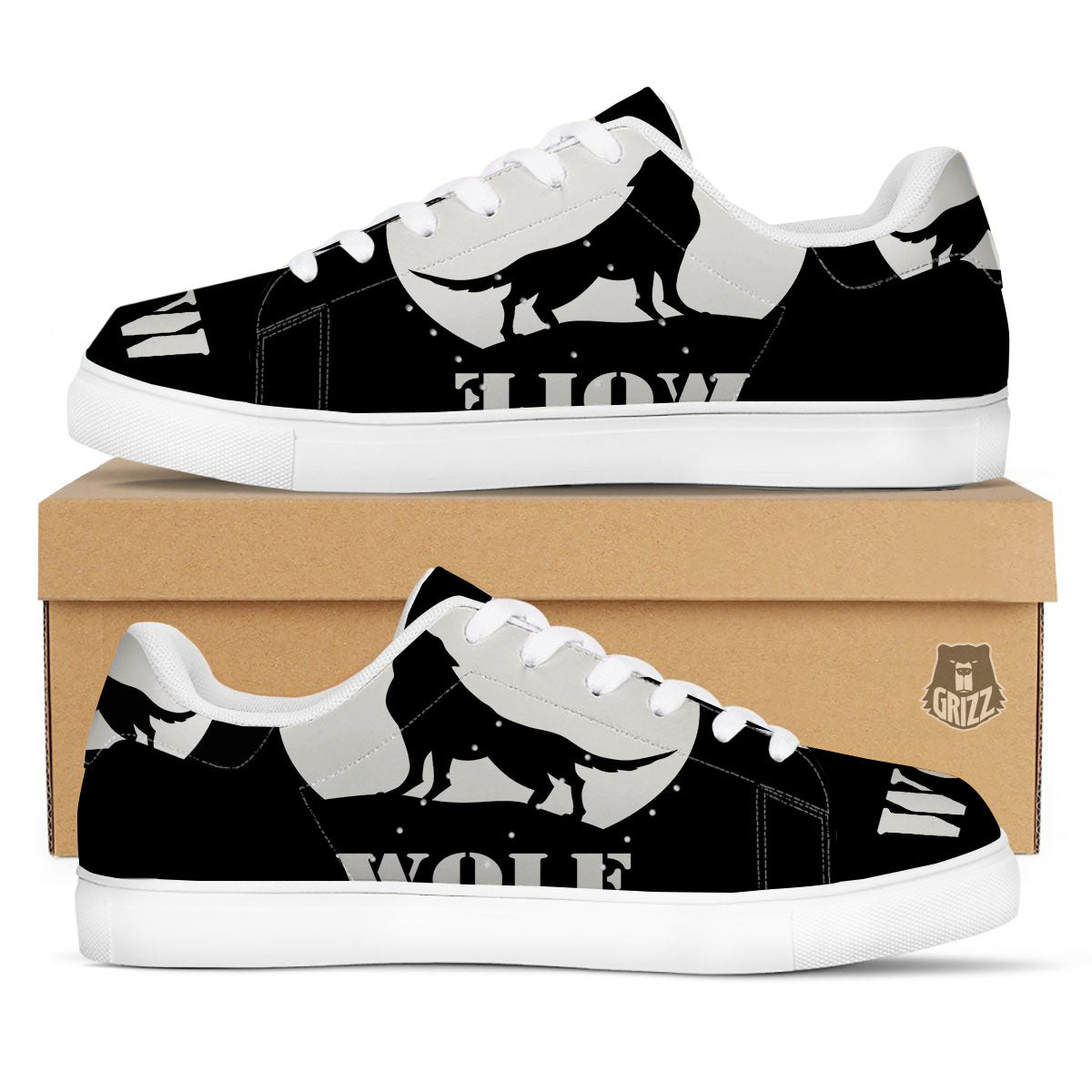 Wolf Howling Monochrome Print White Low Top Sneakers-grizzshop