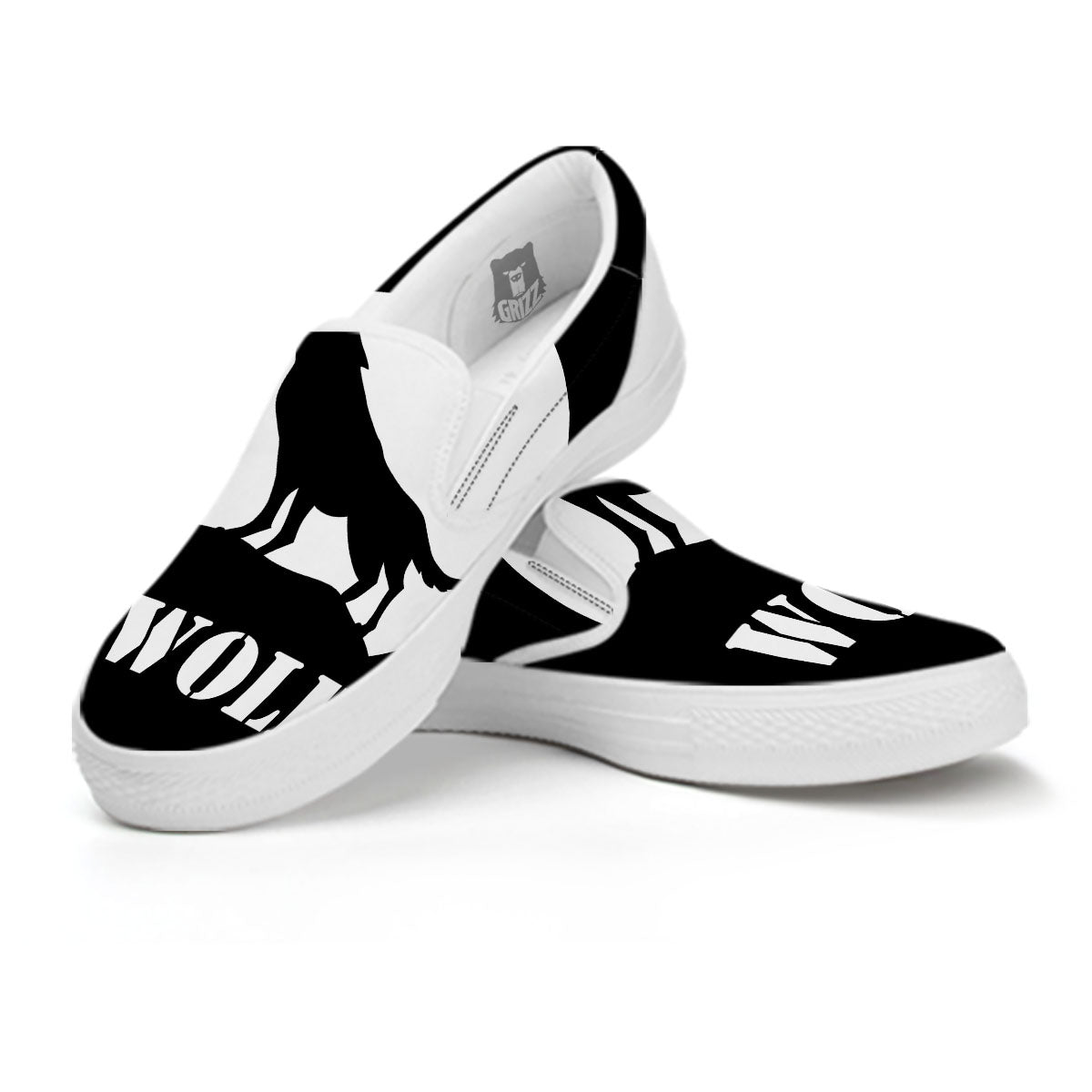 Wolf Howling Monochrome Print White Slip On Shoes-grizzshop