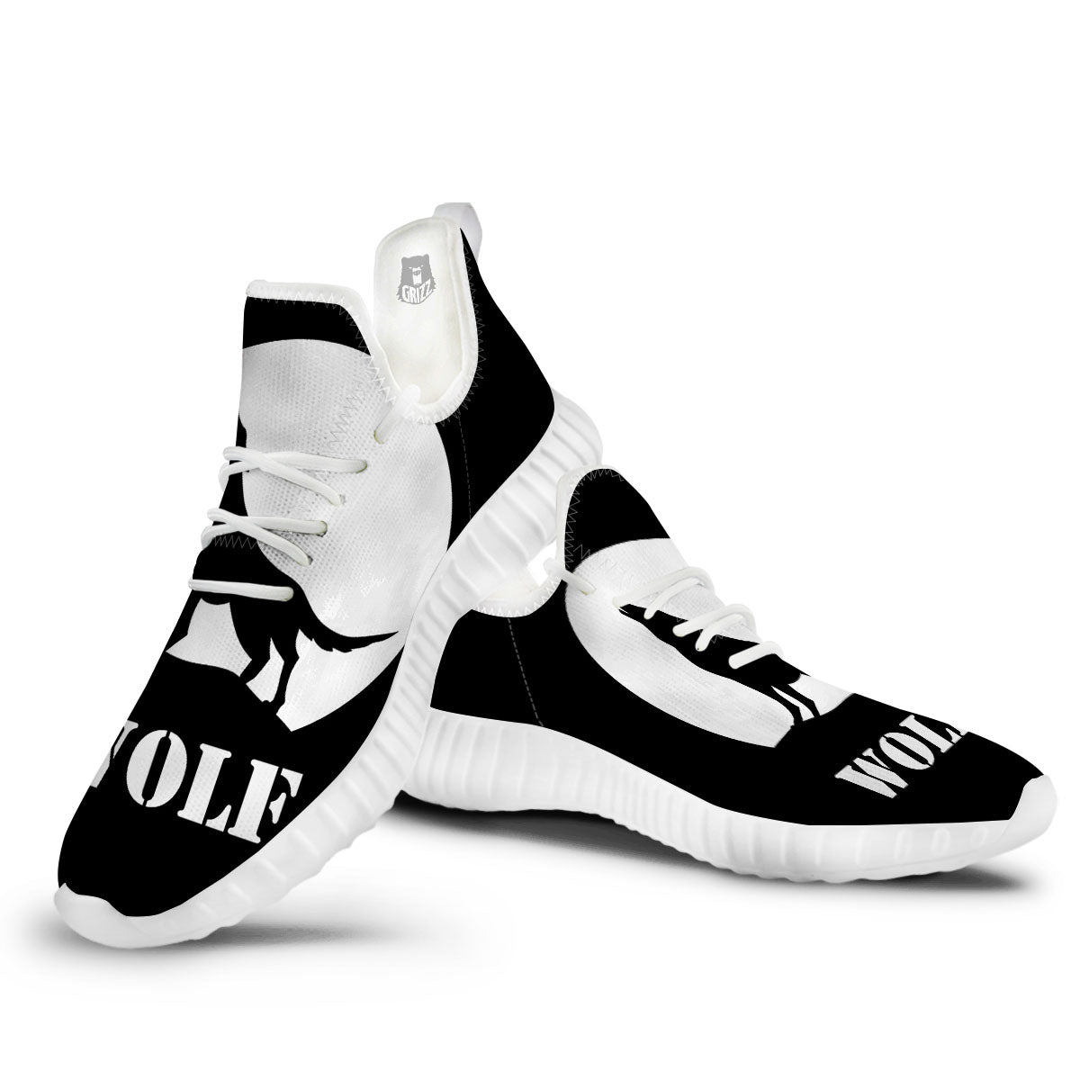 Wolf Howling Monochrome Print White Walking Shoes-grizzshop