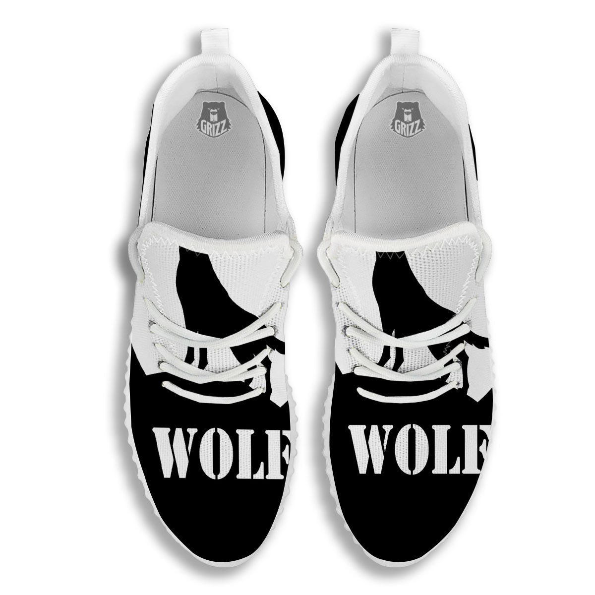 Wolf Howling Monochrome Print White Walking Shoes-grizzshop