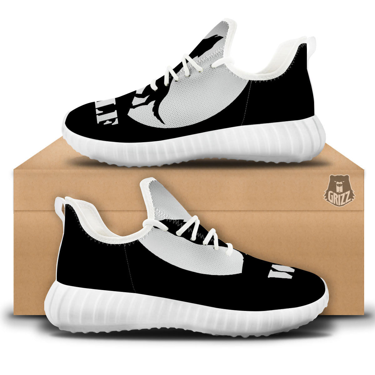 Wolf Howling Monochrome Print White Walking Shoes-grizzshop