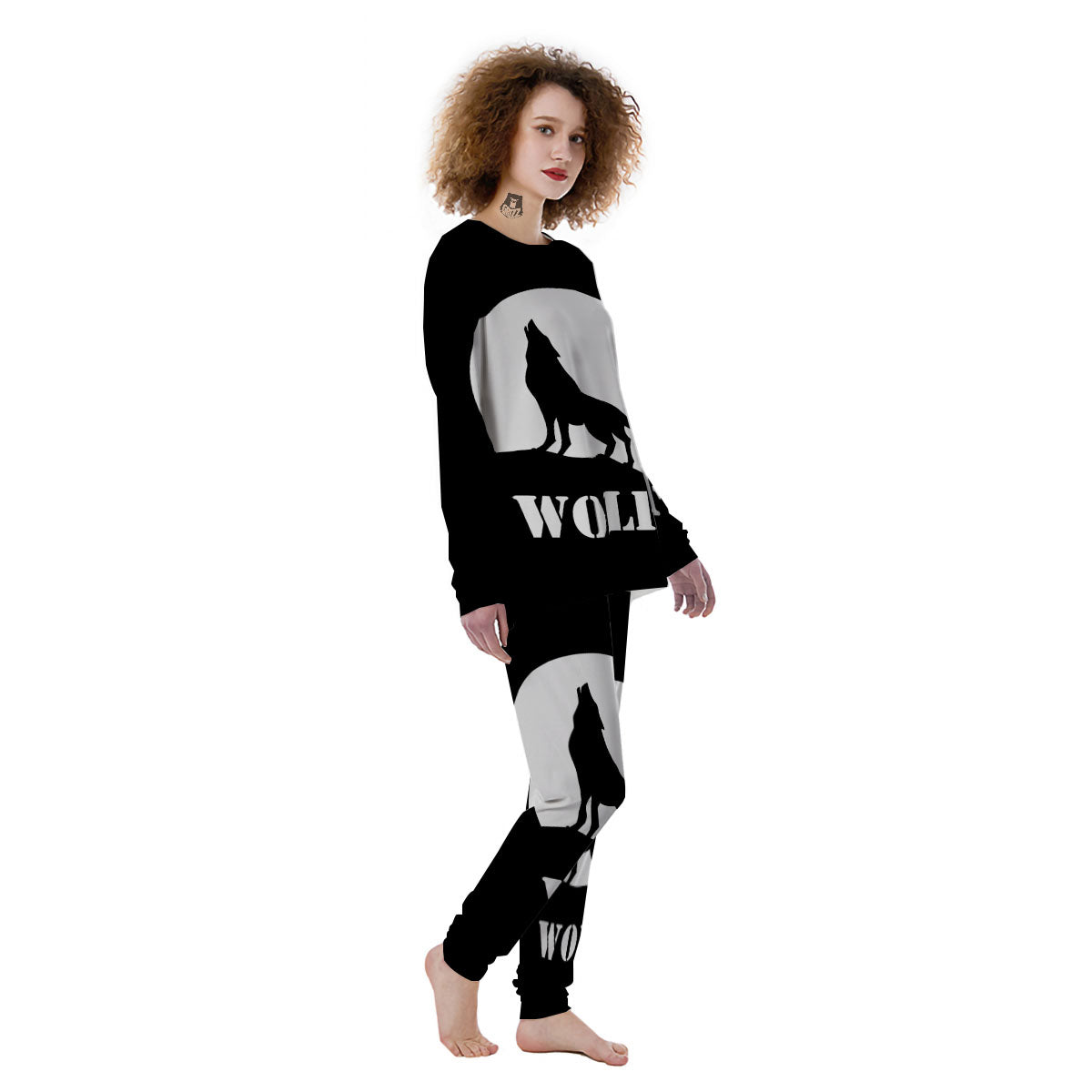 Wolf Howling Monochrome Print Women's Pajamas-grizzshop