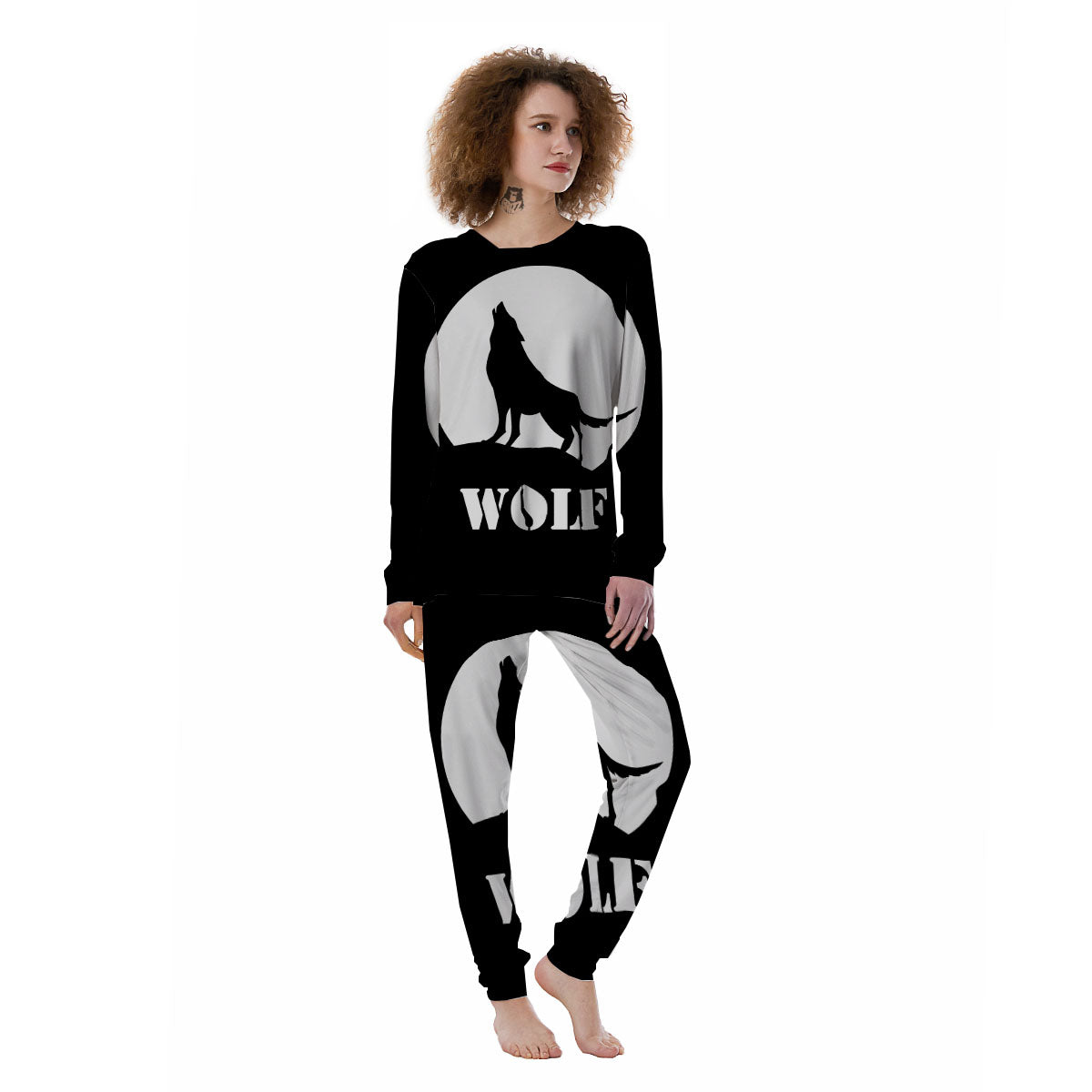 Wolf Howling Monochrome Print Women's Pajamas-grizzshop