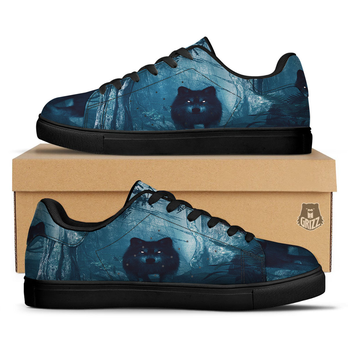 Wolf Jungle Print Black Low Top Sneakers-grizzshop