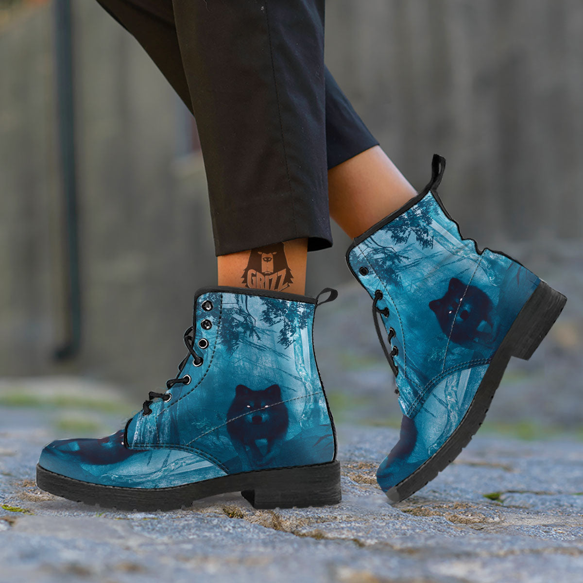 Wolf Jungle Print Leather Boots-grizzshop