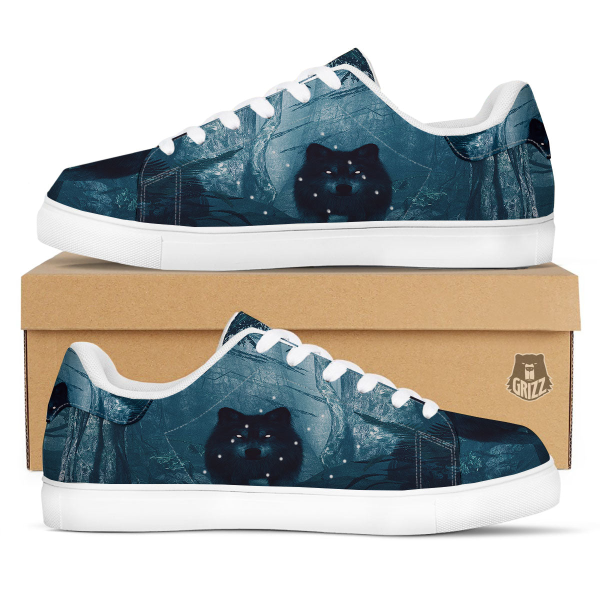 Wolf Jungle Print White Low Top Sneakers-grizzshop