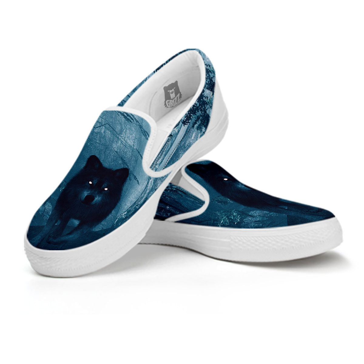 Wolf Jungle Print White Slip On Shoes-grizzshop