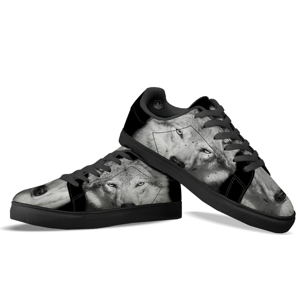 Wolf Monochrome Print Black Low Top Sneakers-grizzshop