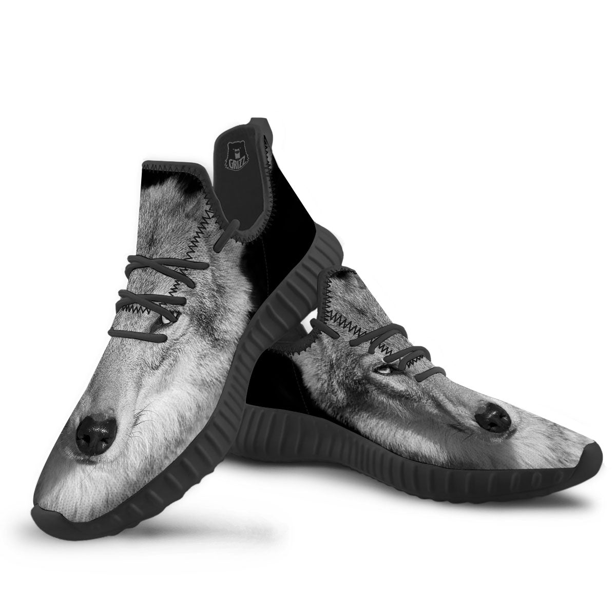 Wolf Monochrome Print Black Walking Shoes-grizzshop