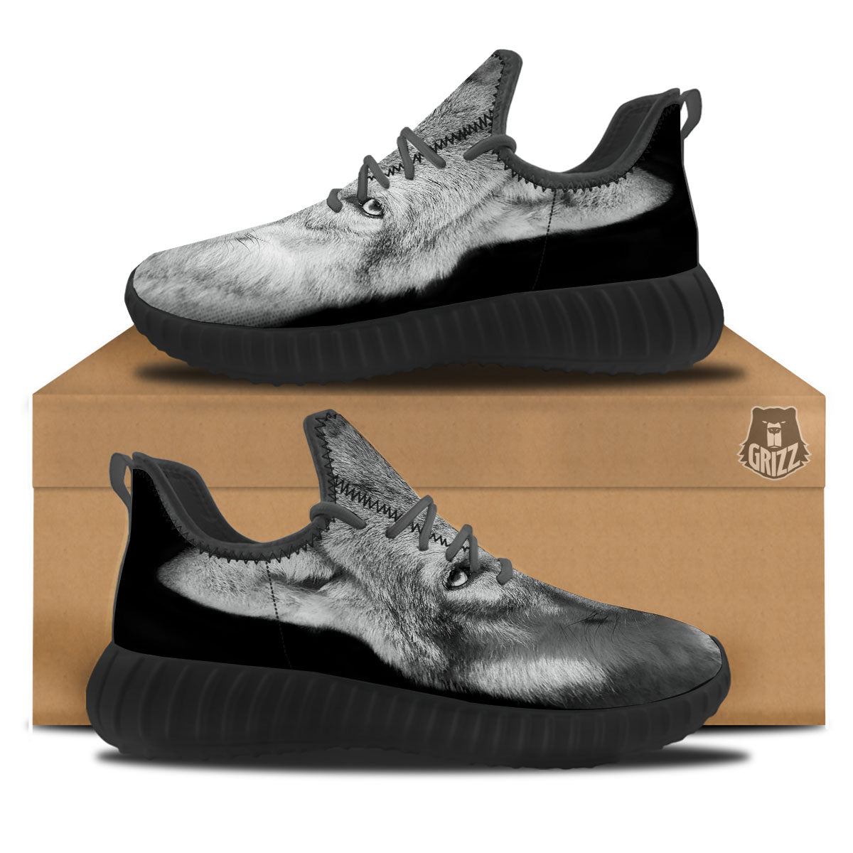 Wolf Monochrome Print Black Walking Shoes-grizzshop