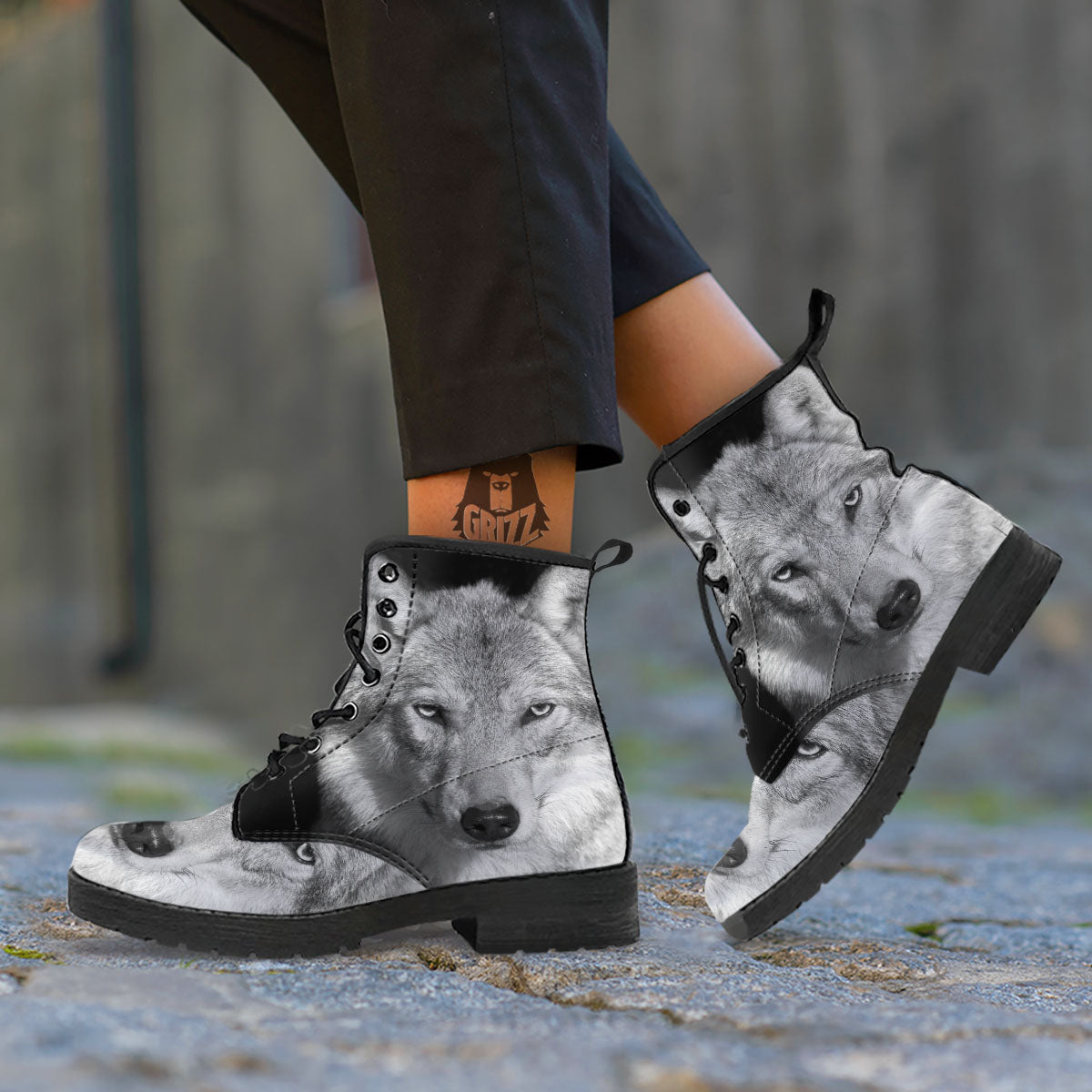 Wolf Monochrome Print Leather Boots-grizzshop