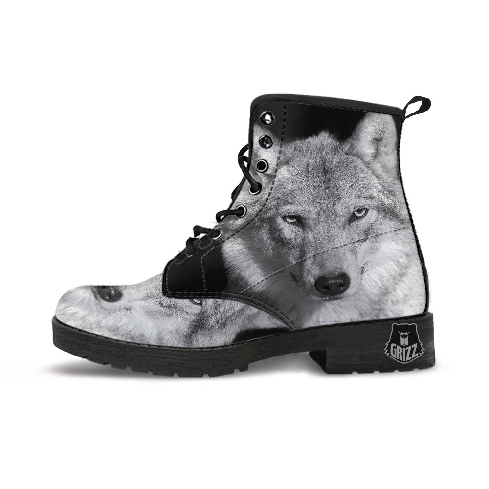 Wolf Monochrome Print Leather Boots-grizzshop