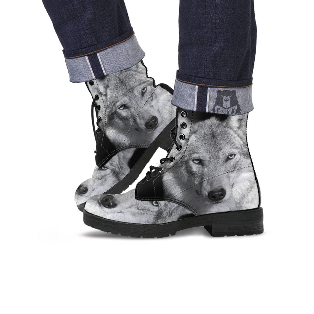 Wolf Monochrome Print Leather Boots-grizzshop