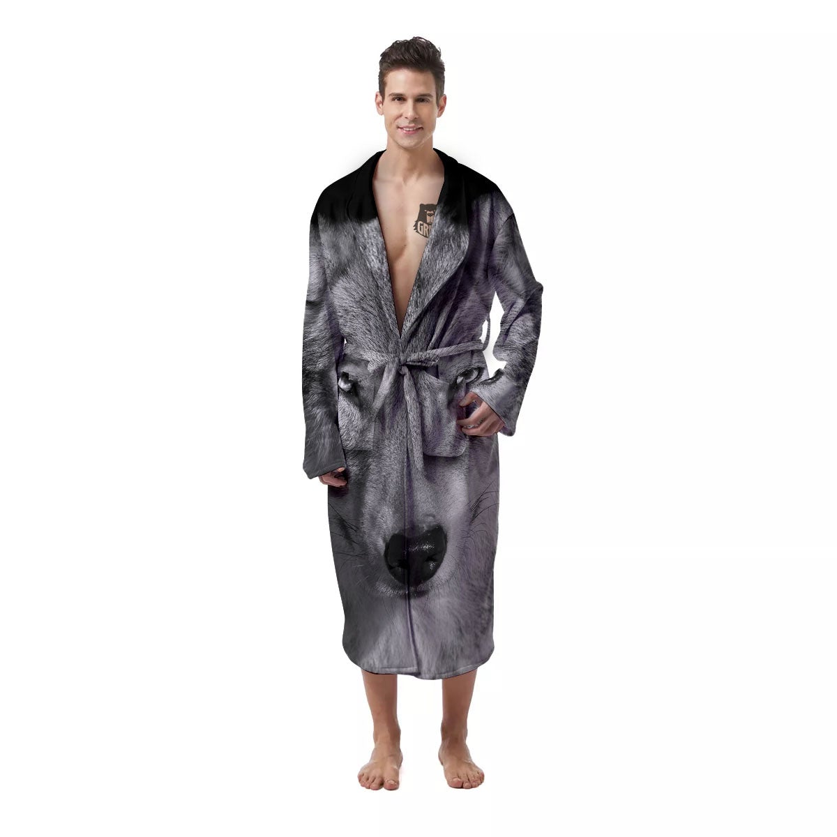 Wolf Monochrome Print Men's Robe-grizzshop