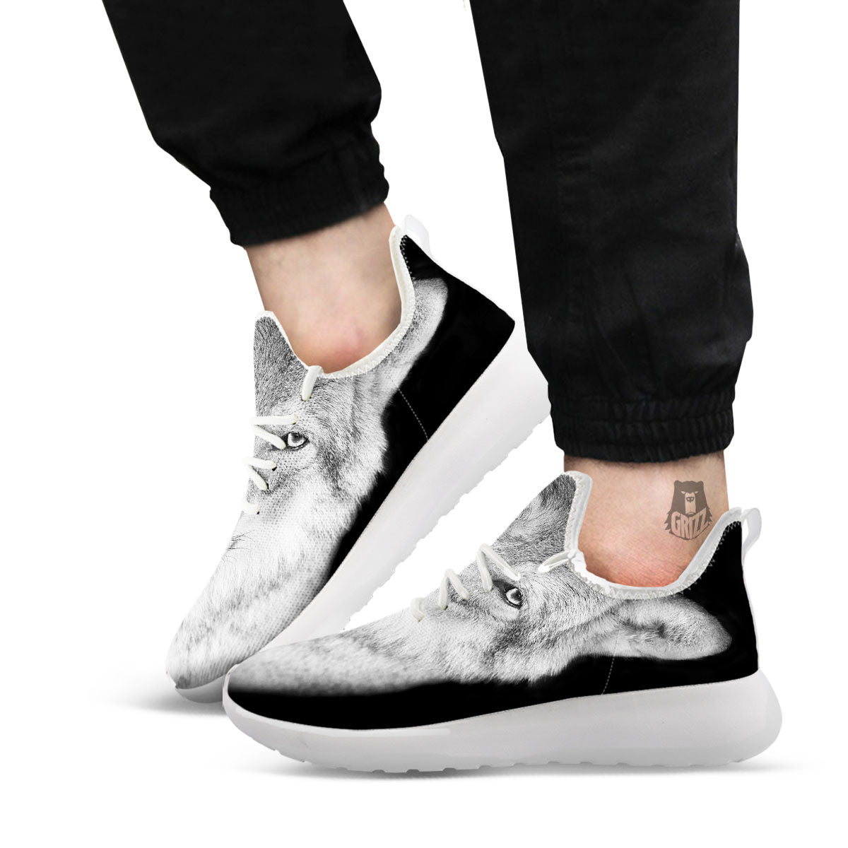 Wolf Monochrome Print White Athletic Shoes-grizzshop