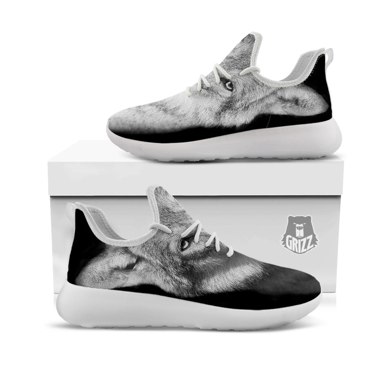 Wolf Monochrome Print White Athletic Shoes-grizzshop