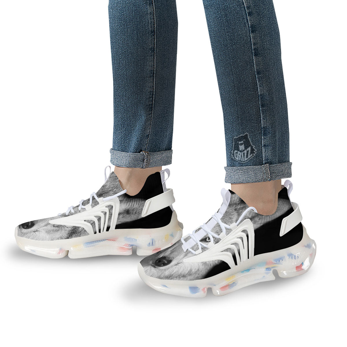 Wolf Monochrome Print White Gym Shoes-grizzshop