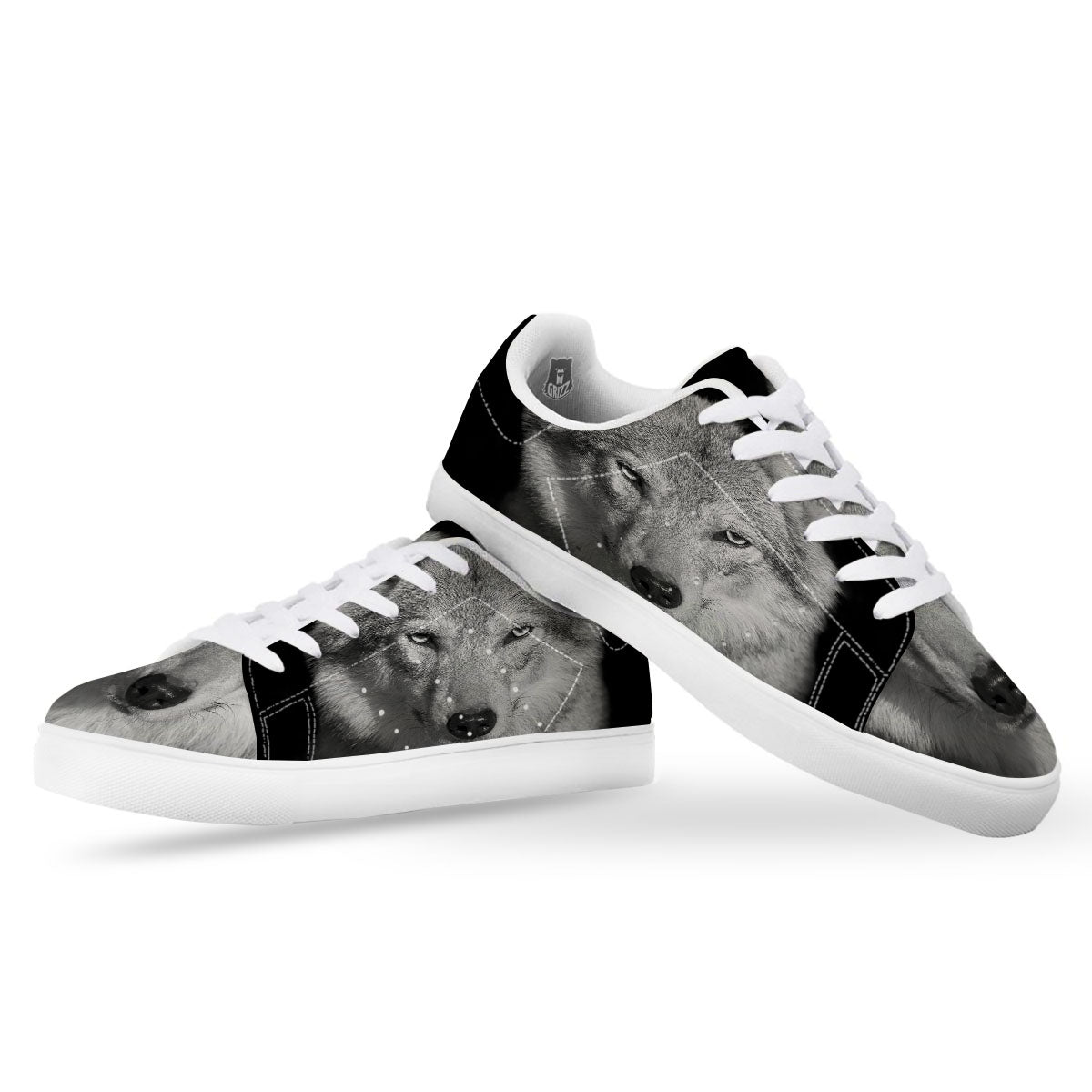 Wolf Monochrome Print White Low Top Sneakers-grizzshop