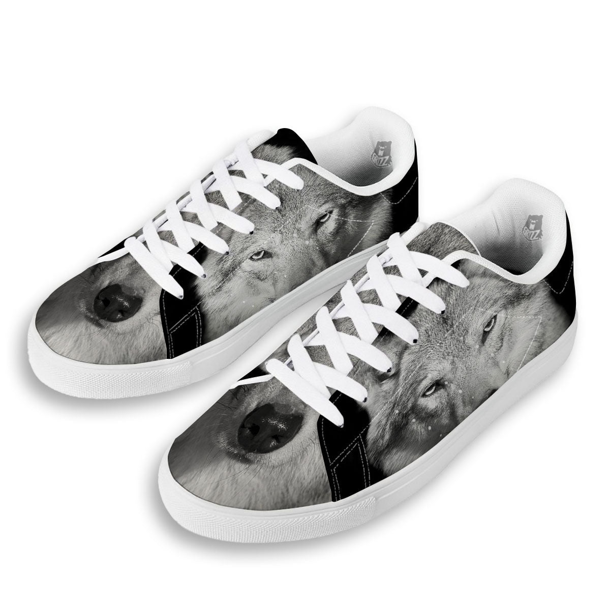 Wolf Monochrome Print White Low Top Sneakers-grizzshop