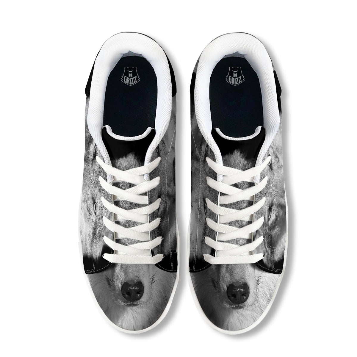 Wolf Monochrome Print White Low Top Sneakers-grizzshop