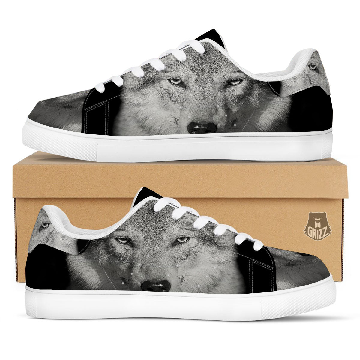 Wolf Monochrome Print White Low Top Sneakers-grizzshop